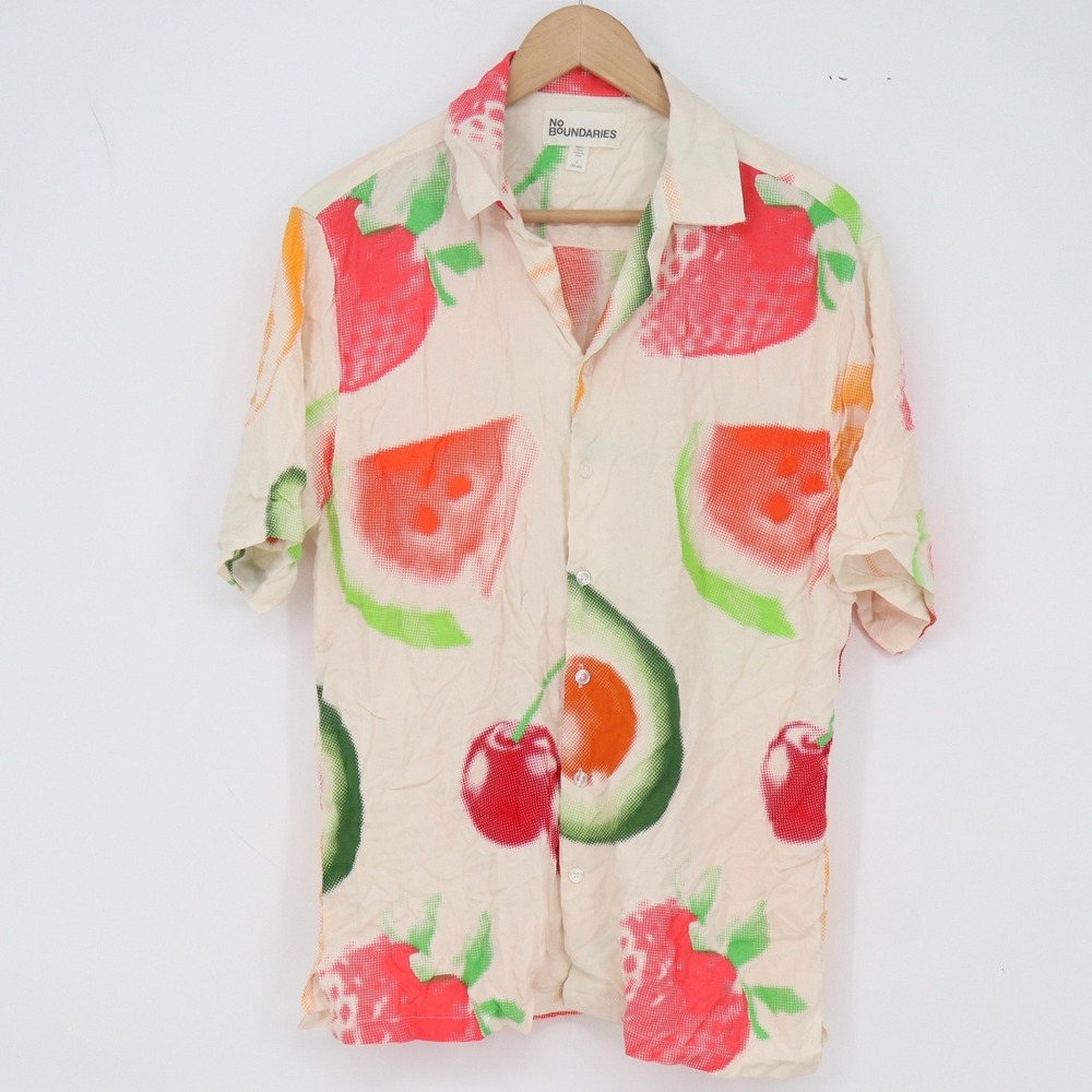 No Boundaries Button-Down Shirt Mens S Fruit Print Cream Short Sleeve Excellent